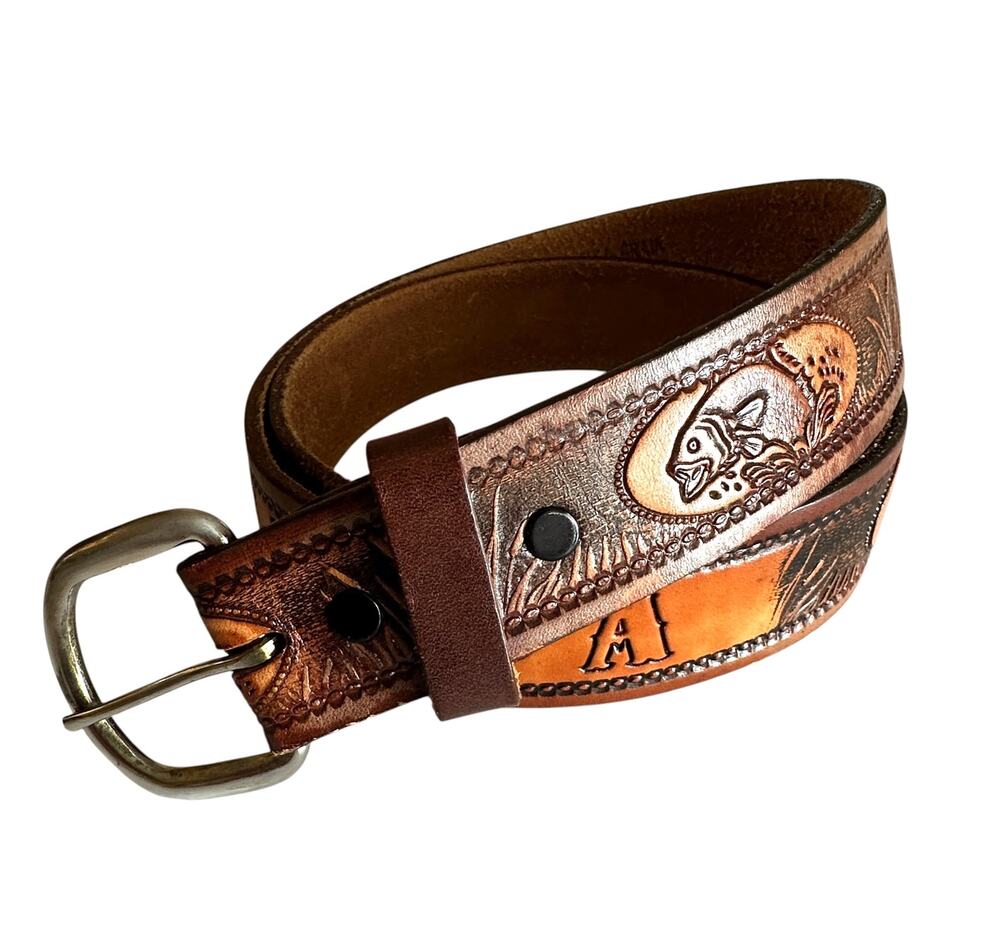 Grandpa Fishing Belt Mens Size 40 Brown Tooled Cowhide Leather Fish